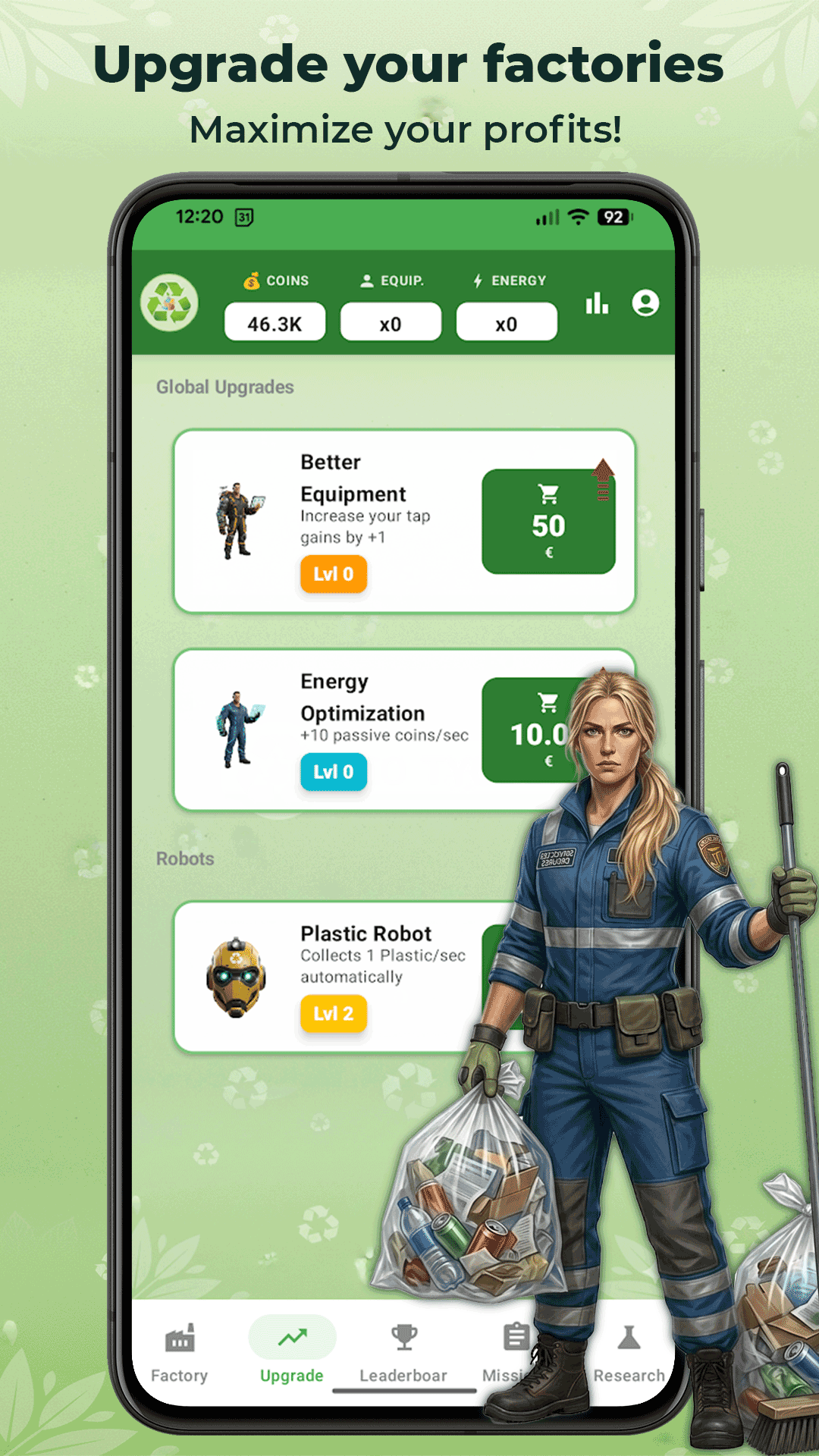 Upgrades and robots screen